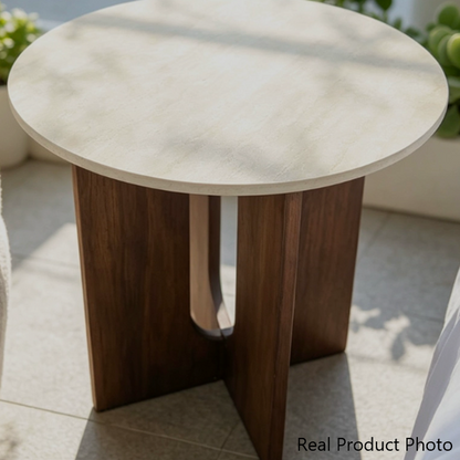 Contemporary Nordic Natural Travertine Pine Wood Round Side Table For Living Room