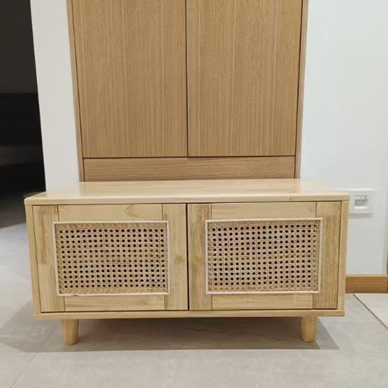 Contemporary Nordic Rectangular Solid Wood & Plastic Rattan Weaving Shoe Bench 2-Storage For Entryway