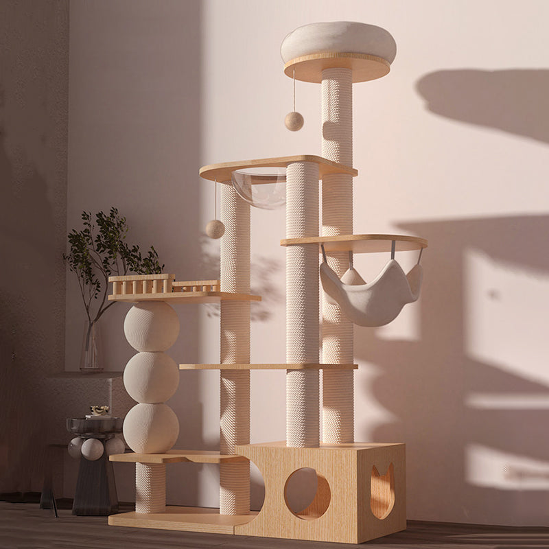 Contemporary Scandinavian Rectangular Rubberwood Plywood Pine Wood Pillar Velvet Fabric Hemp Rope Acrylic Cat Tree 3-Condo 5-Perch For Bedroom