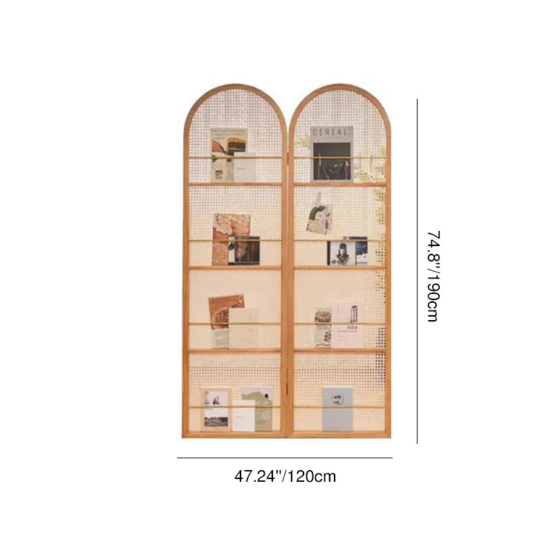 Contemporary Retro PVC Rattan Pine Wood Finish Movable Corner Shelf Unit Foldable 2/3/4-Panel Room Divider Storage Shelves For Living Room