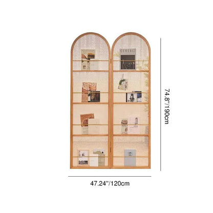 Contemporary Retro PVC Rattan Pine Wood Finish Movable Corner Shelf Unit Foldable 2/3/4-Panel Room Divider Storage Shelves For Living Room