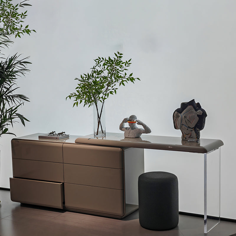 Modern Minimalist Khaki Makeup Vanity With Acrylic Legs & 6-Drawer Storage Cabinet - E1 MDF Makeup Desk For Bedroom