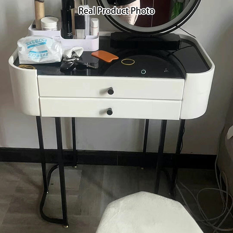 Modern Minimalist Iron Wood Glass PU Leather Rectangular Makeup Vanity & Stool Set With LED Mirror & 2 Drawers For Bedroom