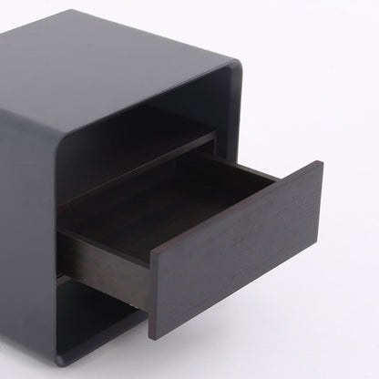 Modern Minimalist Black Lacquer Bedside Table: Wood Veneer Single Drawer - Elegant Open Cubby Storage Nightstand For Bedroom