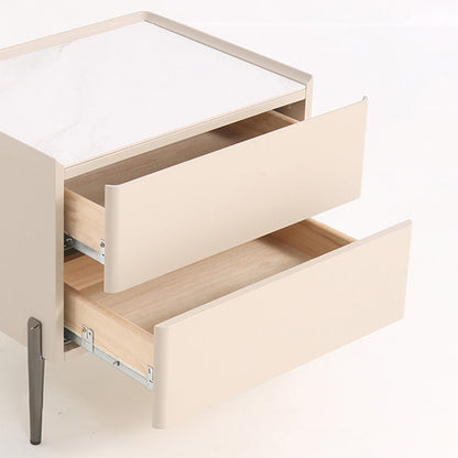 Contemporary Scandinavian Square Cream White 2-Drawer Storage Nightstand - Stone Slab Top Bedside Table For Bedroom
