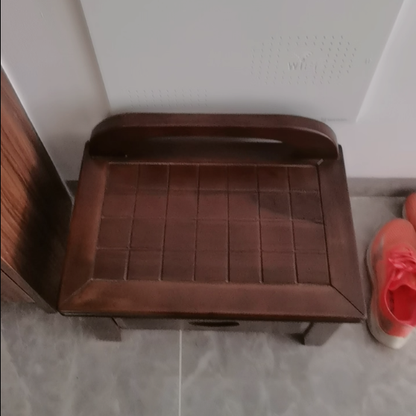 Traditional Chinese Solid Wood Grid Square Low Stool With Backrest For Living Room