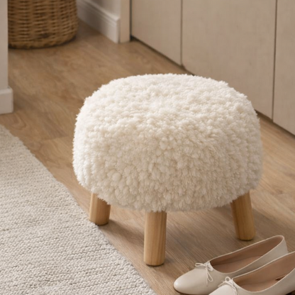 Contemporary Scandinavian Sherpa Fabric Solid Wood Round Low Stool For Entryway & Living Room