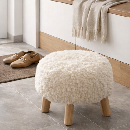 Contemporary Scandinavian Sherpa Fabric Solid Wood Round Low Stool For Entryway & Living Room