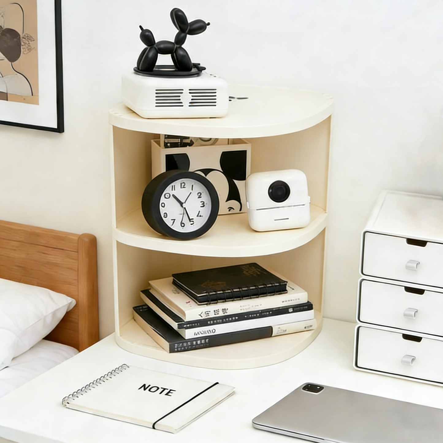 Modern Minimalist Plastic Rounded Square Corner Shelf Unit With 2-Tier For Entryway & Living Room & Bathroom
