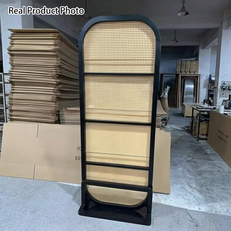 Traditional Chinese Rubberwood PE Rattan Room Divider With 3-Tier Storage Shelf For Living Room