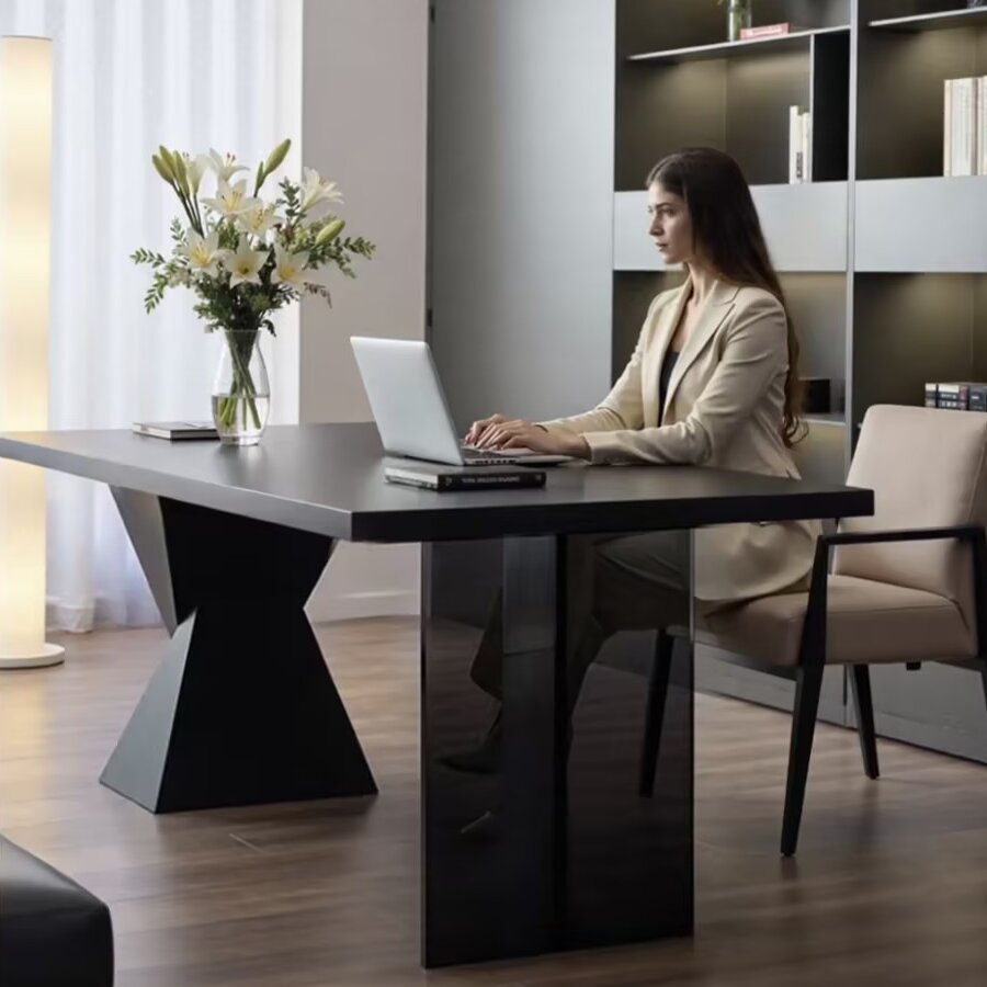 Modern Minimalist Oak & Acrylic Rectangular Desk With Wireless Charging And Outlet For Bedroom & Home Office