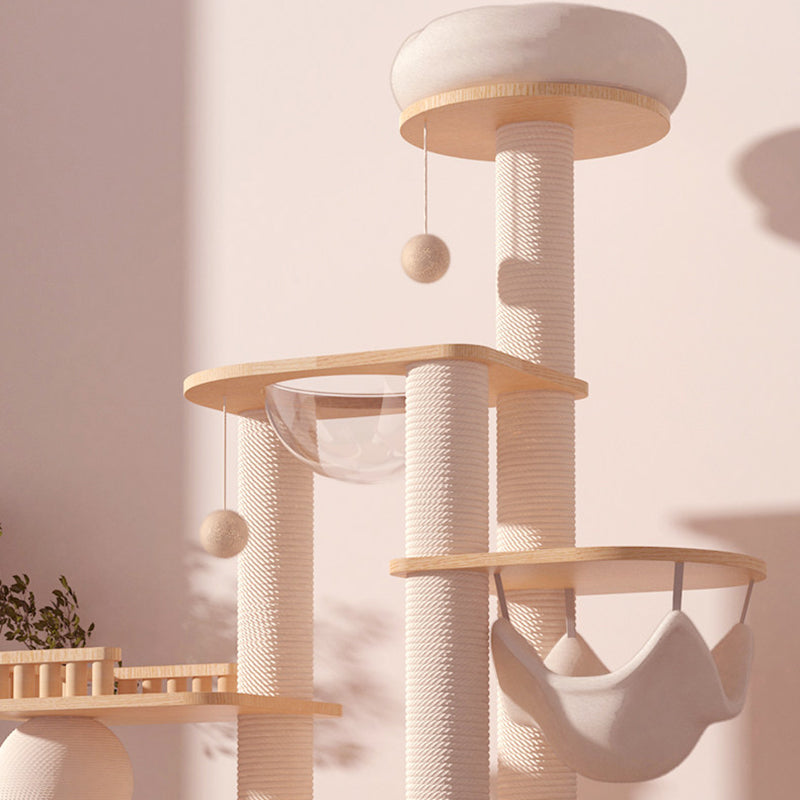 Contemporary Scandinavian Rectangular Rubberwood Plywood Pine Wood Pillar Velvet Fabric Hemp Rope Acrylic Cat Tree 3-Condo 5-Perch For Bedroom
