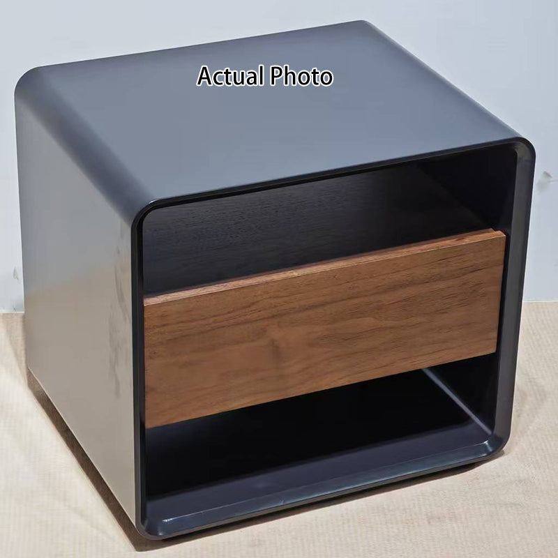 Modern Minimalist Black Lacquer Bedside Table: Wood Veneer Single Drawer - Elegant Open Cubby Storage Nightstand For Bedroom
