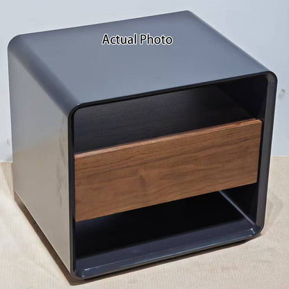 Modern Minimalist Black Lacquer Bedside Table: Wood Veneer Single Drawer - Elegant Open Cubby Storage Nightstand For Bedroom