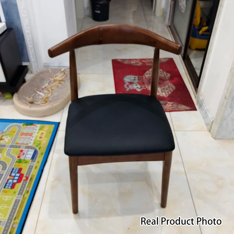 Contemporary Nordic Solid Rubberwood & Plywood Faux Leather Horn Dining Chair With Backrest For Dining Room & Living Room