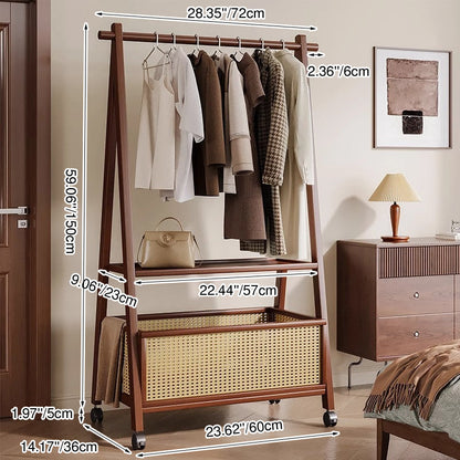 Contemporary Retro Trapezoidal Multifunctional Nan Bamboo Hall Tree Coat Rack With Wheels & Plastic Rattan Laundry Basket For Entryway