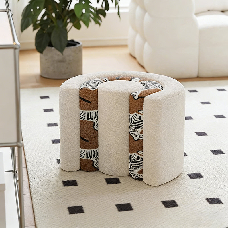 Contemporary Creative Plywood Sherpa Fabric U-Shaped Zebra Pattern Low Stool For Entryway And Living Room