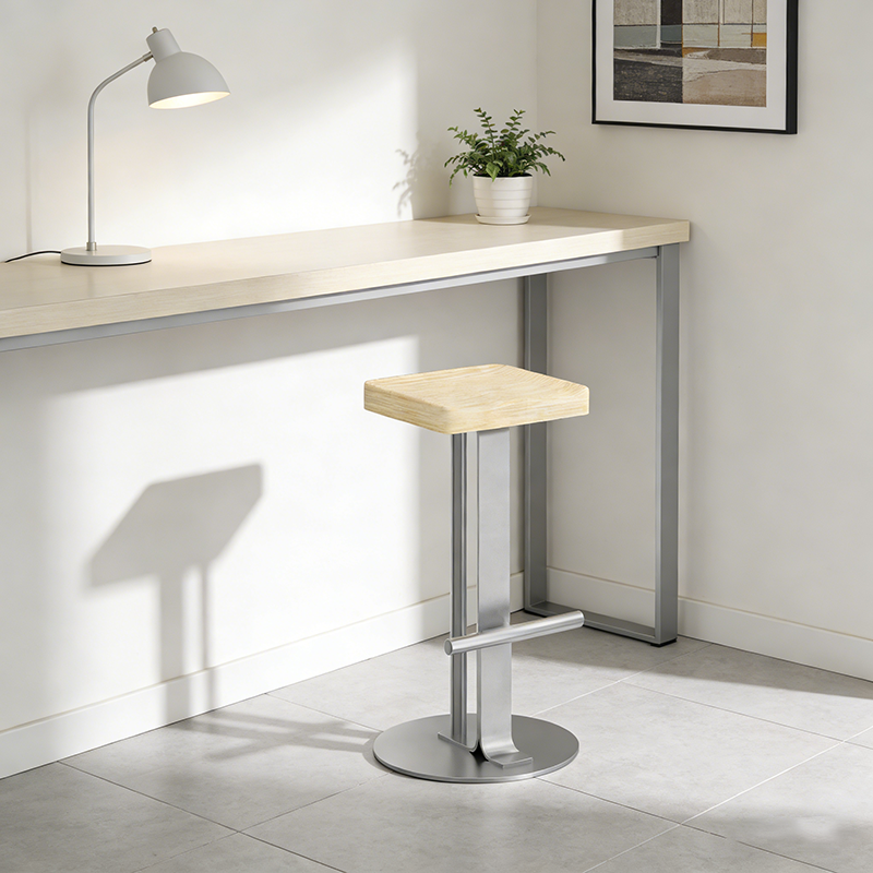 Modern Minimalist Rectangular Wrought Iron Solid Wood Bar Stool With Footrest For Dining Room