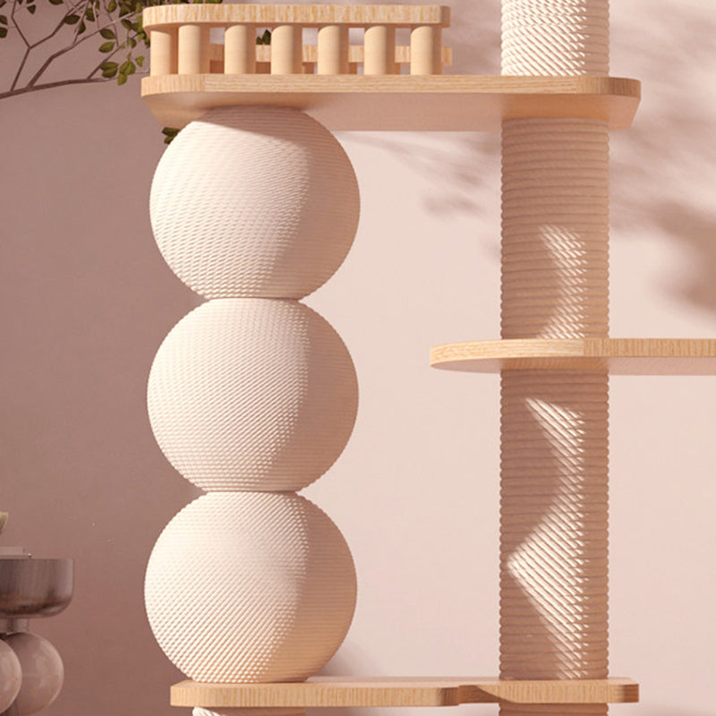 Contemporary Scandinavian Rectangular Rubberwood Plywood Pine Wood Pillar Velvet Fabric Hemp Rope Acrylic Cat Tree 3-Condo 5-Perch For Bedroom