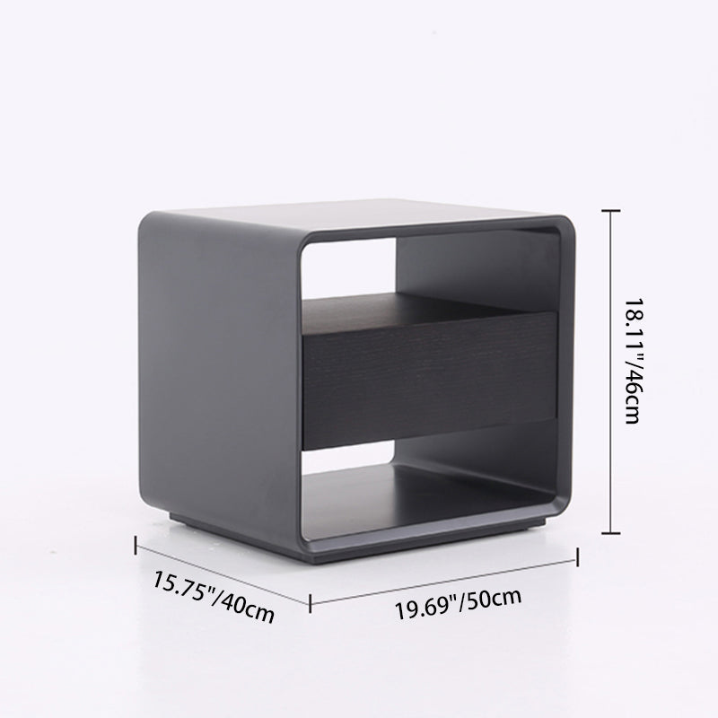 Modern Minimalist Black Lacquer Bedside Table: Wood Veneer Single Drawer - Elegant Open Cubby Storage Nightstand For Bedroom