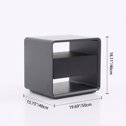 Modern Minimalist Black Lacquer Bedside Table: Wood Veneer Single Drawer - Elegant Open Cubby Storage Nightstand For Bedroom