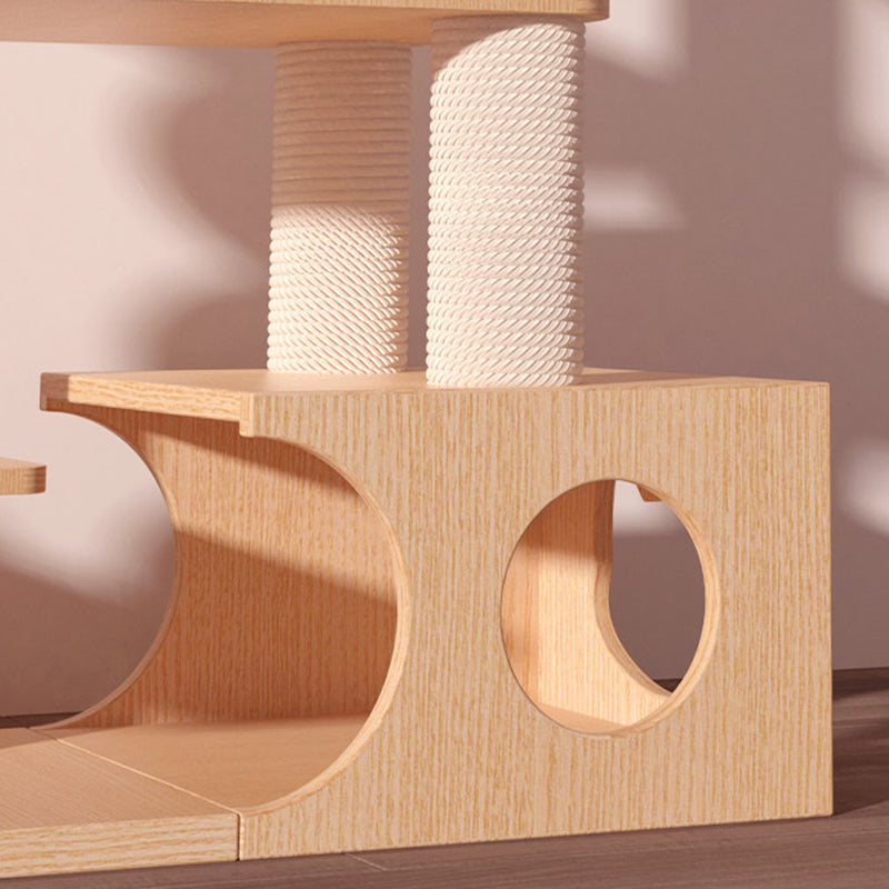 Contemporary Scandinavian Rectangular Rubberwood Plywood Pine Wood Pillar Velvet Fabric Hemp Rope Acrylic Cat Tree 3-Condo 5-Perch For Bedroom