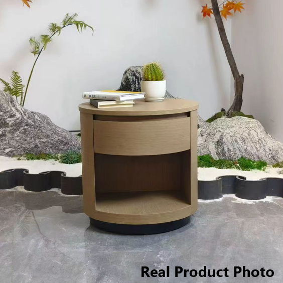 Contemporary Scandinavian Round Curved Bedside Table - Multilayer Board 1 Drawer Nightstand For Bedroom