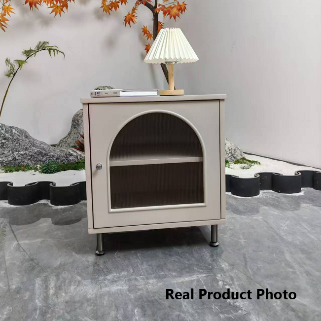 Contemporary Scandinavian Ribbed Glass Door Bedside Table - Semi-Transparent Nightstand For Bedroom