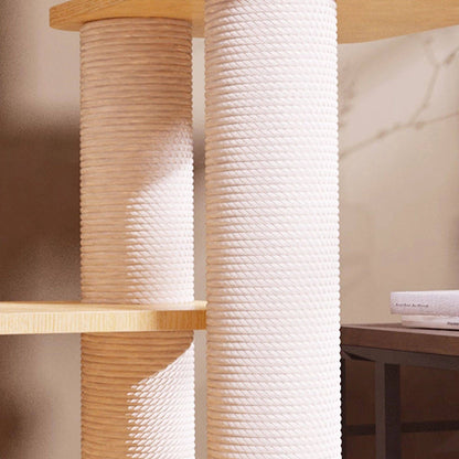 Contemporary Scandinavian Rectangular Rubberwood Plywood Pine Wood Pillar Velvet Fabric Hemp Rope Acrylic Cat Tree 3-Condo 5-Perch For Bedroom