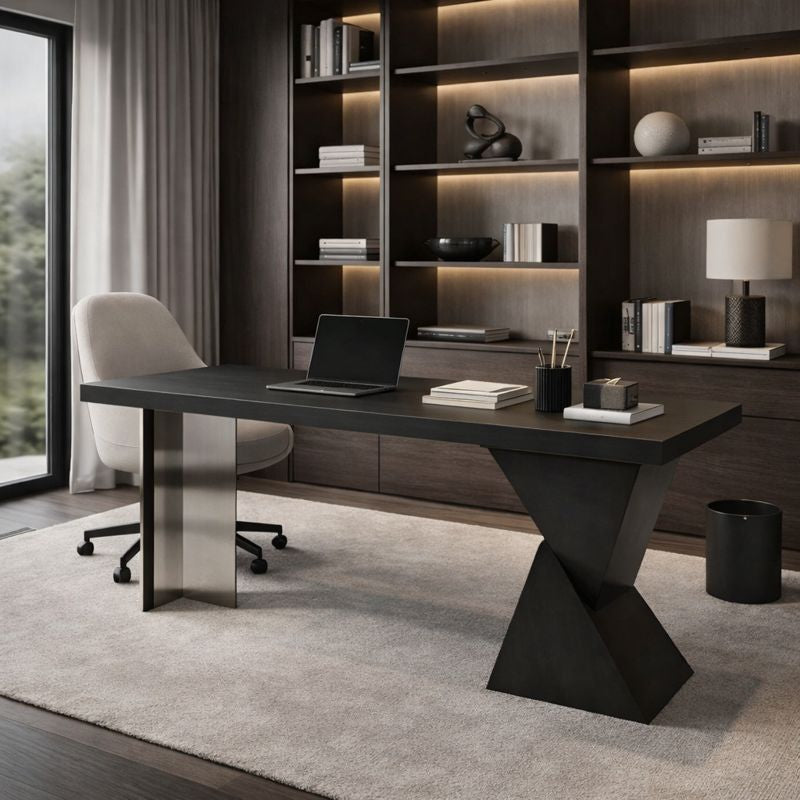 Modern Minimalist Oak & Acrylic Rectangular Desk With Wireless Charging And Outlet For Bedroom & Home Office