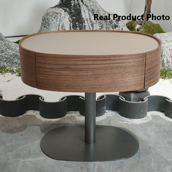 Traditional French Walnut Oval Bedside Table - Saddle Leather Surface 1 Drawer Nightstand For Bedroom