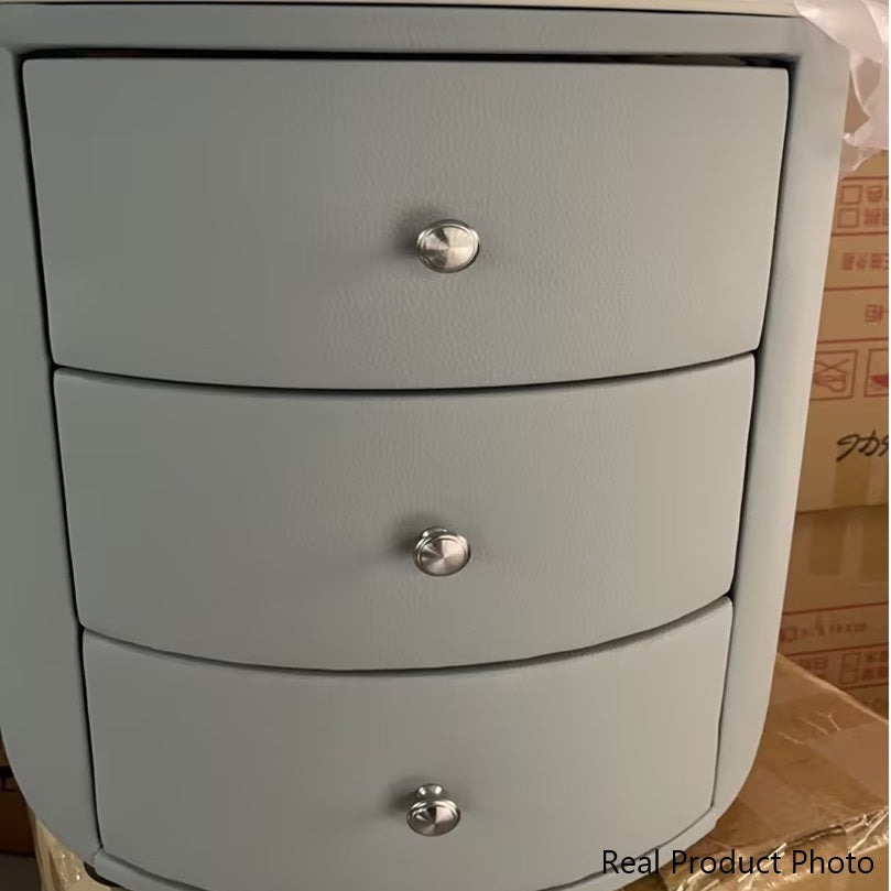 Modern Luxury Microfiber Leather Pine Sintered Stone Glass Round Cylindrical Nightstand 2 Drawers For Bedroom