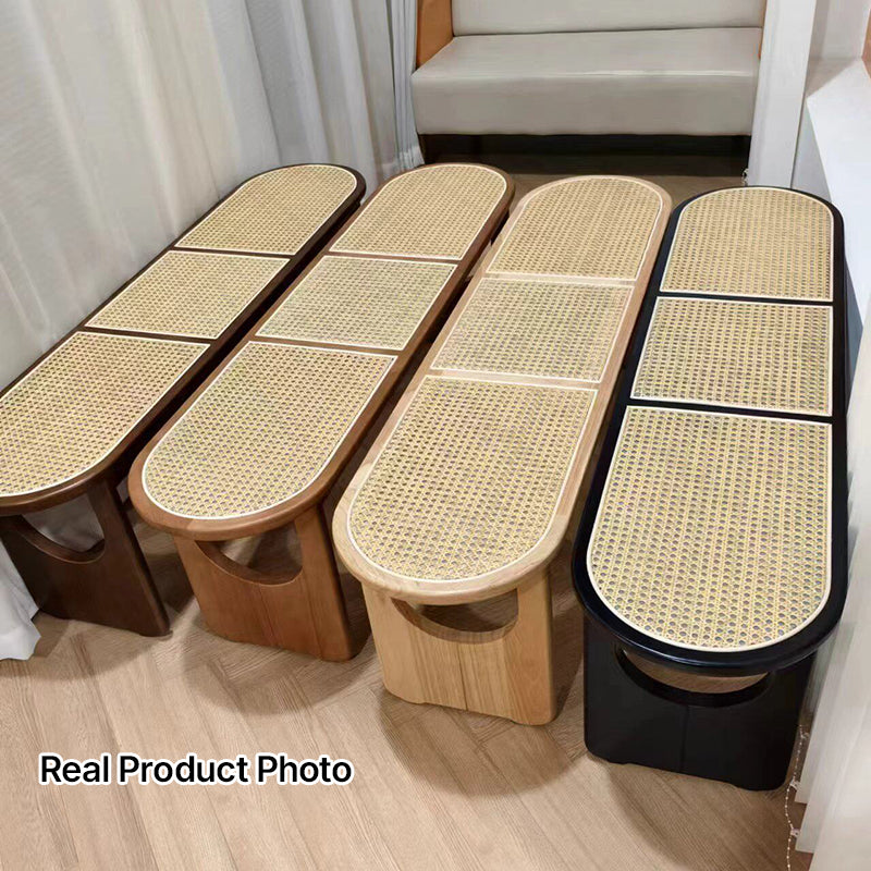 Contemporary Scandinavian Ellipse PE Rattan Weaving Rubberwood Bench Backless Armless For Living Room