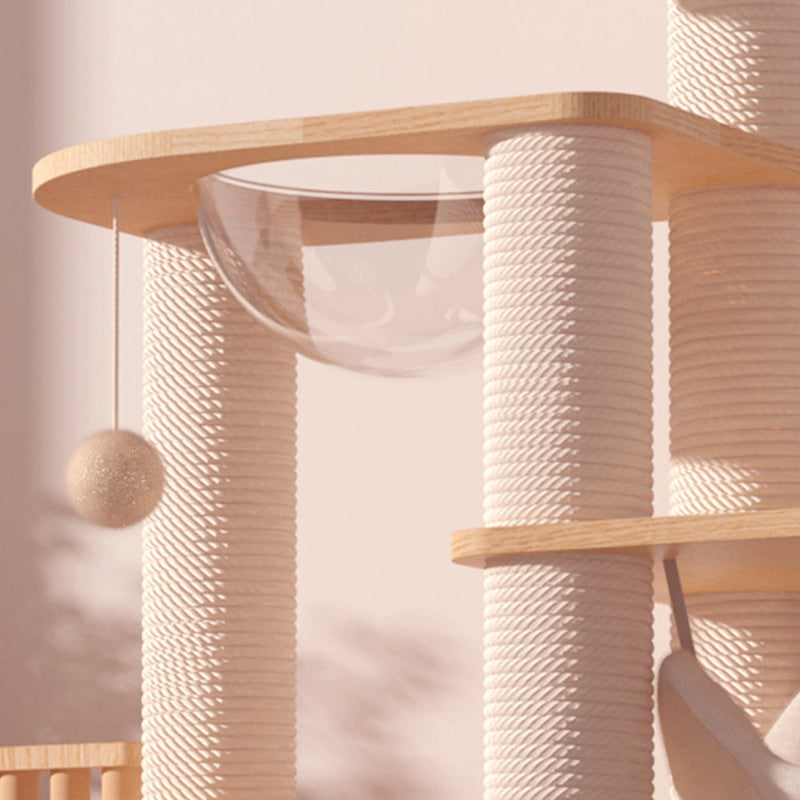 Contemporary Scandinavian Rectangular Rubberwood Plywood Pine Wood Pillar Velvet Fabric Hemp Rope Acrylic Cat Tree 3-Condo 5-Perch For Bedroom
