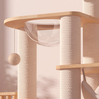 Contemporary Scandinavian Rectangular Rubberwood Plywood Pine Wood Pillar Velvet Fabric Hemp Rope Acrylic Cat Tree 3-Condo 5-Perch For Bedroom