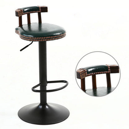 Contemporary Luxury Round Faux Oil-Waxed Leather Iron Bar Stool Backrest Footrest For Dining Room