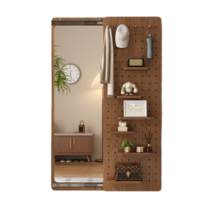 Modern Minimalist Solid Wood Metal Glass Rounded Rectangle Wall Mirror With Sliding Pegboard Storage & Hooks For Entryway