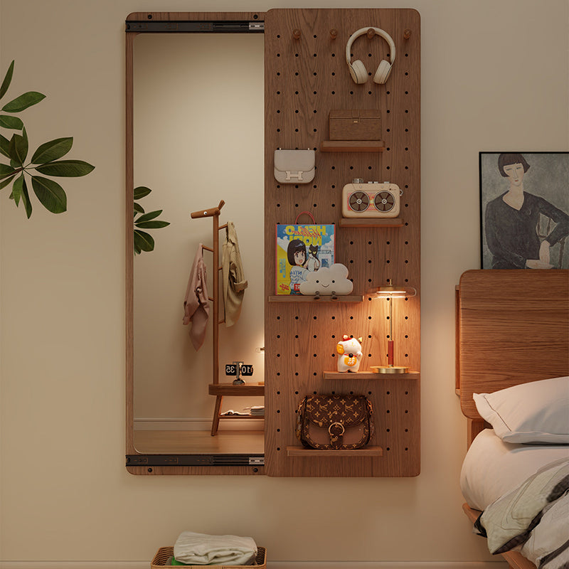 Modern Minimalist Solid Wood Metal Glass Rounded Rectangle Wall Mirror With Sliding Pegboard Storage & Hooks For Entryway
