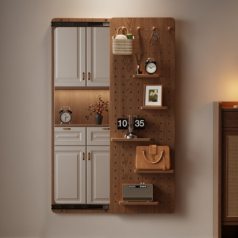 Modern Minimalist Solid Wood Metal Glass Rounded Rectangle Wall Mirror With Sliding Pegboard Storage & Hooks For Entryway