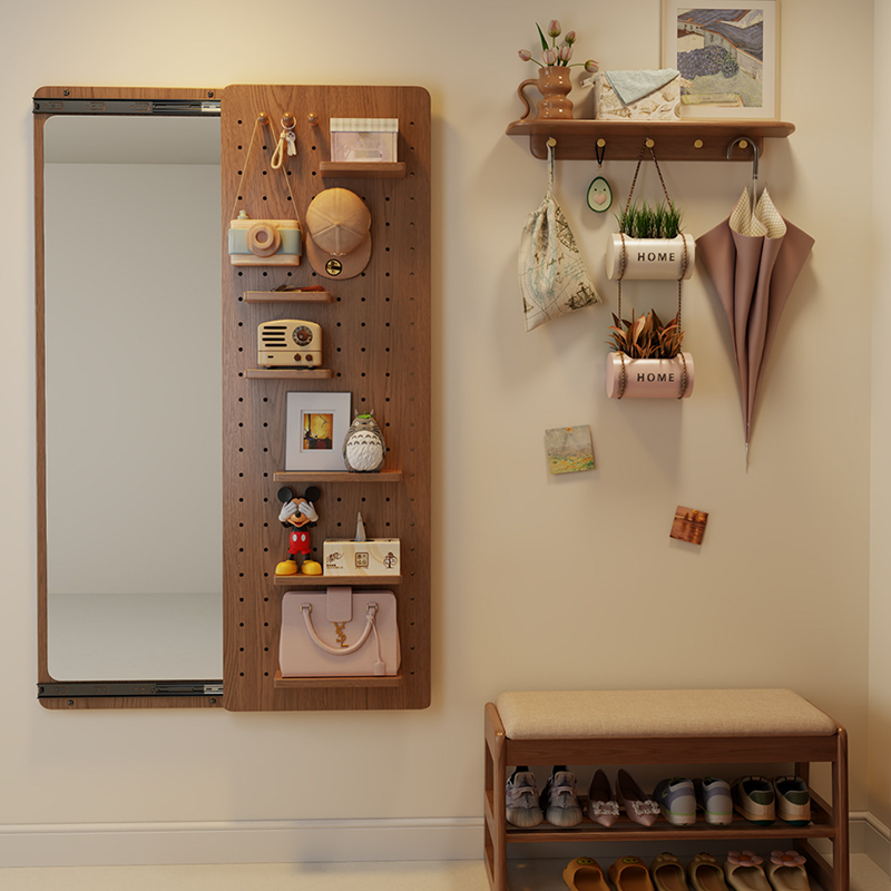 Modern Minimalist Solid Wood Metal Glass Rounded Rectangle Wall Mirror With Sliding Pegboard Storage & Hooks For Entryway
