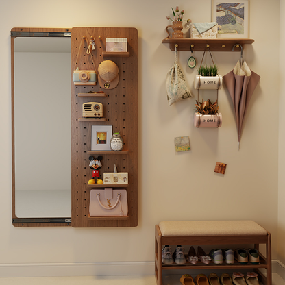 Modern Minimalist Solid Wood Metal Glass Rounded Rectangle Wall Mirror With Sliding Pegboard Storage & Hooks For Entryway