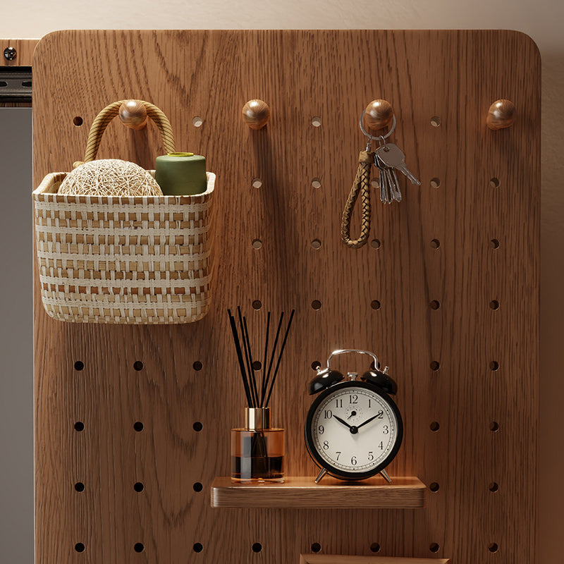 Modern Minimalist Solid Wood Metal Glass Rounded Rectangle Wall Mirror With Sliding Pegboard Storage & Hooks For Entryway