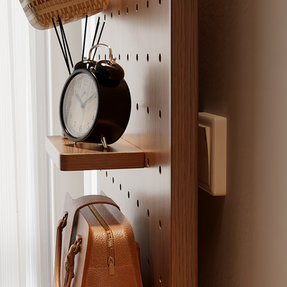 Modern Minimalist Solid Wood Metal Glass Rounded Rectangle Wall Mirror With Sliding Pegboard Storage & Hooks For Entryway