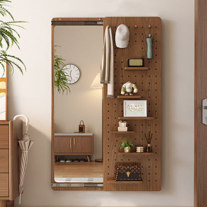 Modern Minimalist Solid Wood Metal Glass Rounded Rectangle Wall Mirror With Sliding Pegboard Storage & Hooks For Entryway