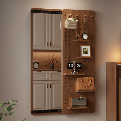 Modern Minimalist Solid Wood Metal Glass Rounded Rectangle Wall Mirror With Sliding Pegboard Storage & Hooks For Entryway