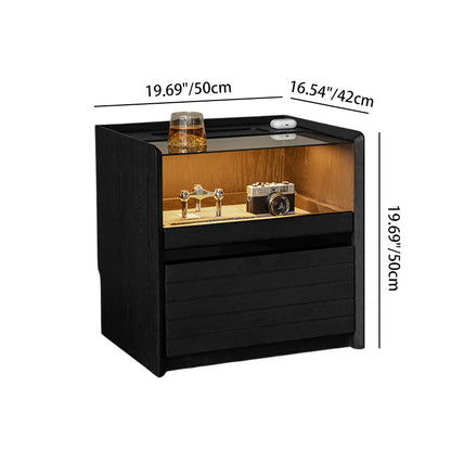 Modern Luxury Solid Plywood Nightstand With Glass Top - End Table With Wireless Charging & LED Sensor Light For Bedroom Storage