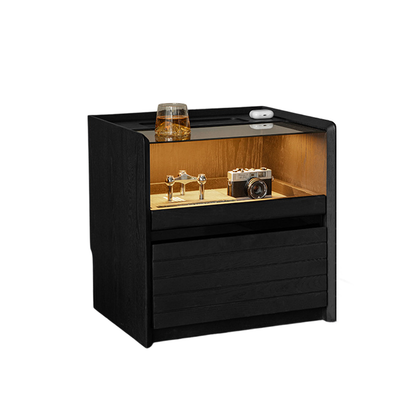 Modern Luxury Solid Plywood Nightstand With Glass Top - End Table With Wireless Charging & LED Sensor Light For Bedroom Storage