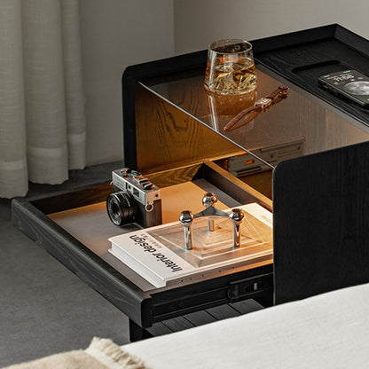 Modern Luxury Solid Plywood Nightstand With Glass Top - End Table With Wireless Charging & LED Sensor Light For Bedroom Storage