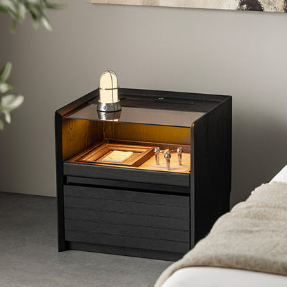 Modern Luxury Solid Plywood Nightstand With Glass Top - End Table With Wireless Charging & LED Sensor Light For Bedroom Storage