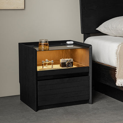 Modern Luxury Solid Plywood Nightstand With Glass Top - End Table With Wireless Charging & LED Sensor Light For Bedroom Storage